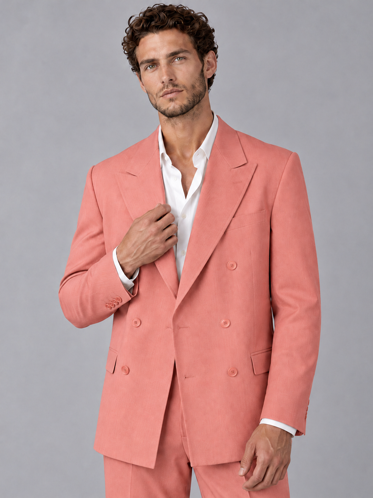 Savile Coral Beige Double-Breasted 2-Piece Suit with Peak Lapel - Coral