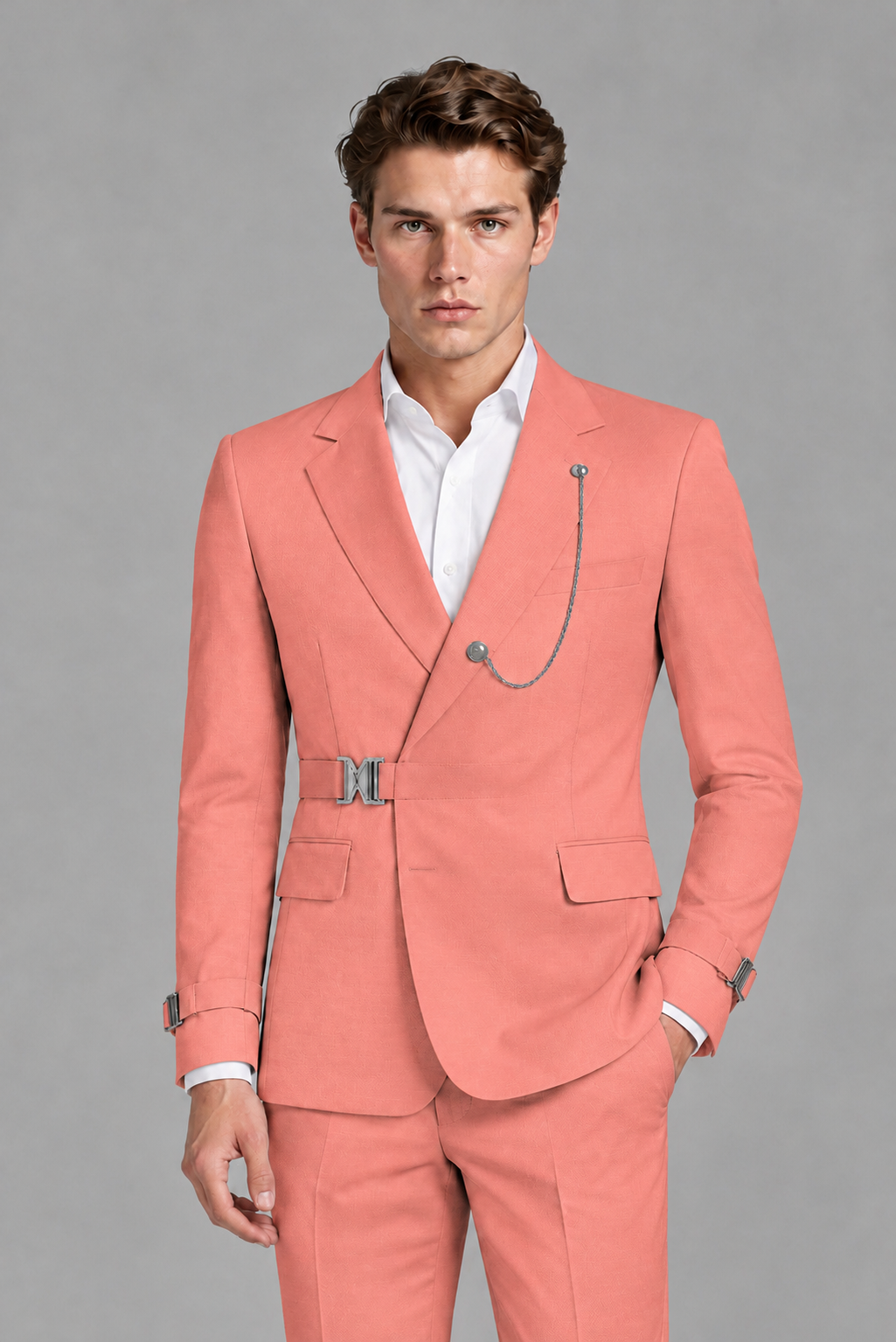 Savile Men's Coral Buckle-Closure 2-Piece Suit Set | Peak Lapel Blazer & Trousers - Coral