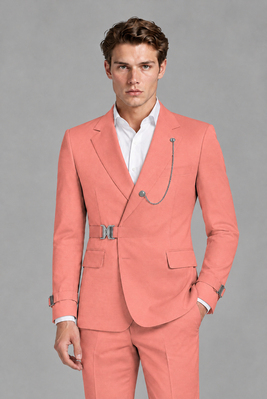 Savile Men's Coral Buckle-Closure 2-Piece Suit Set | Peak Lapel Blazer & Trousers - Coral