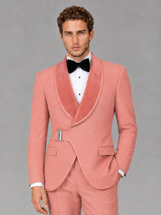 Savile Men's Coral Velvet Shawl Lapel Tuxedo Suit – Modern Side-Buckle Dinner Jacket & Trousers 2-Piece Set - Coral