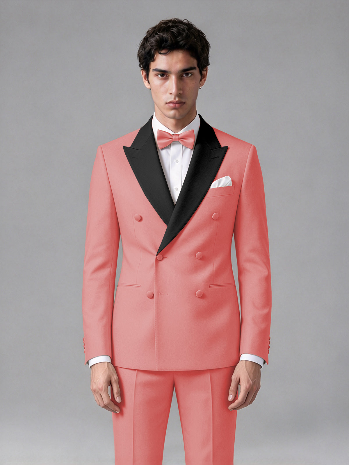 Men's Coral Double-Breasted Satin Peak Lapel Tuxedo Suit Set (Jacket + Trousers) - Coral