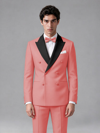 Men's Coral Double-Breasted Satin Peak Lapel Tuxedo Suit Set (Jacket + Trousers) - Coral