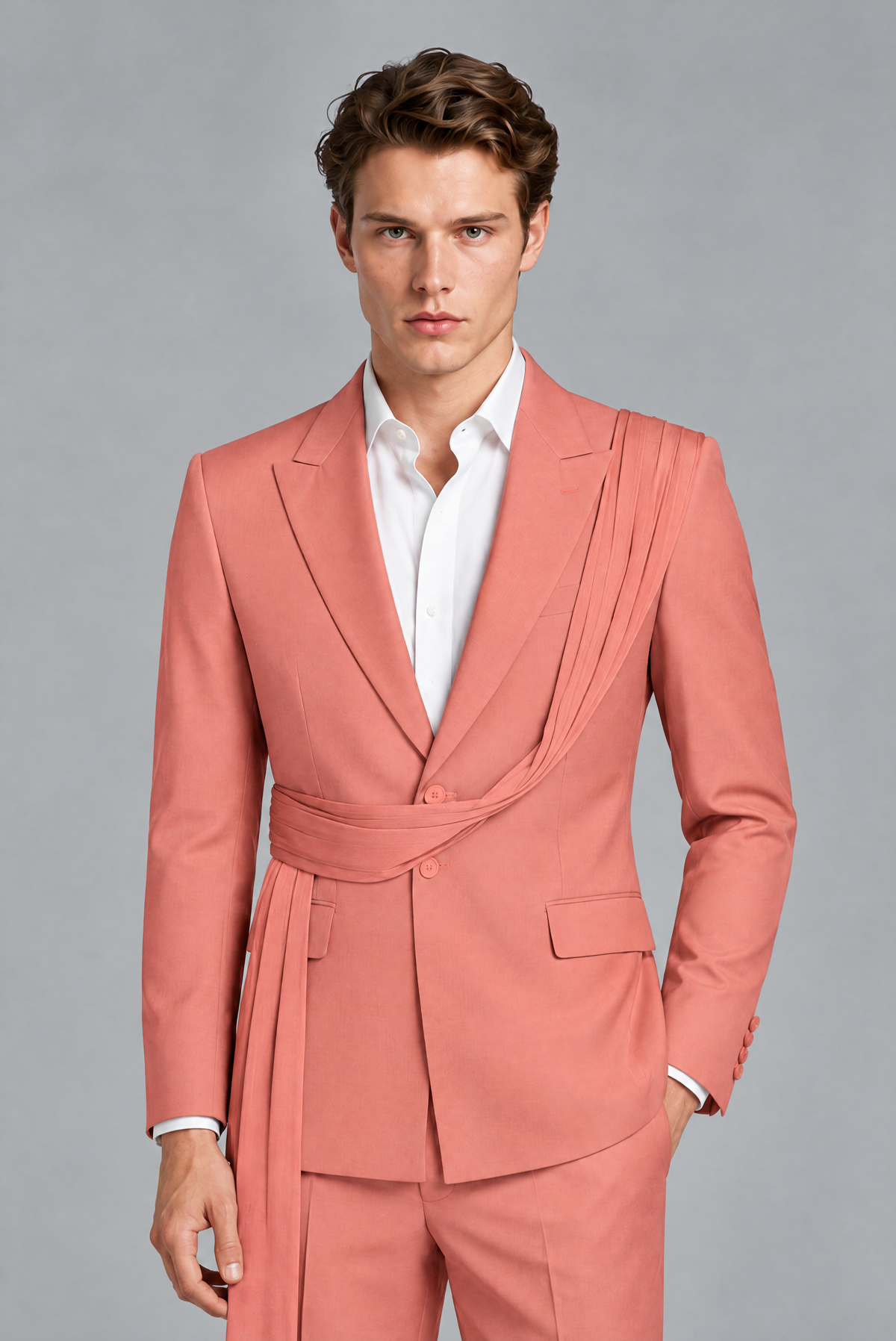 Men's Coral Draped Sash Suit – Peak Lapel 2-Piece Slim Fit Party, Gala & Wedding Set - Coral