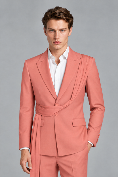 Men's Coral Draped Sash Suit – Peak Lapel 2-Piece Slim Fit Party, Gala & Wedding Set - Coral