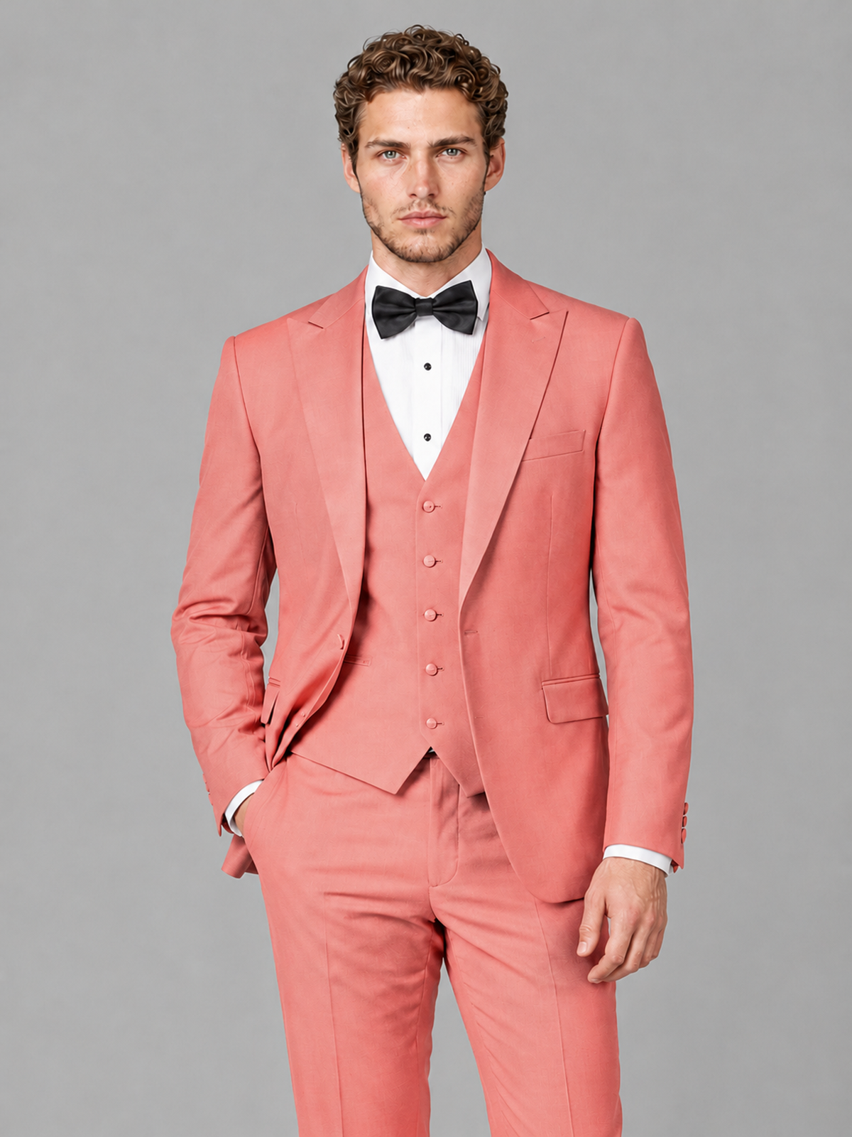 Savile Men's Coral Peak Lapel 3-Piece Tuxedo Suit | Jacket, Vest & Trousers - Coral