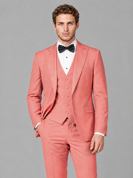 Savile Men's Coral Peak Lapel 3-Piece Tuxedo Suit | Jacket, Vest & Trousers - Coral