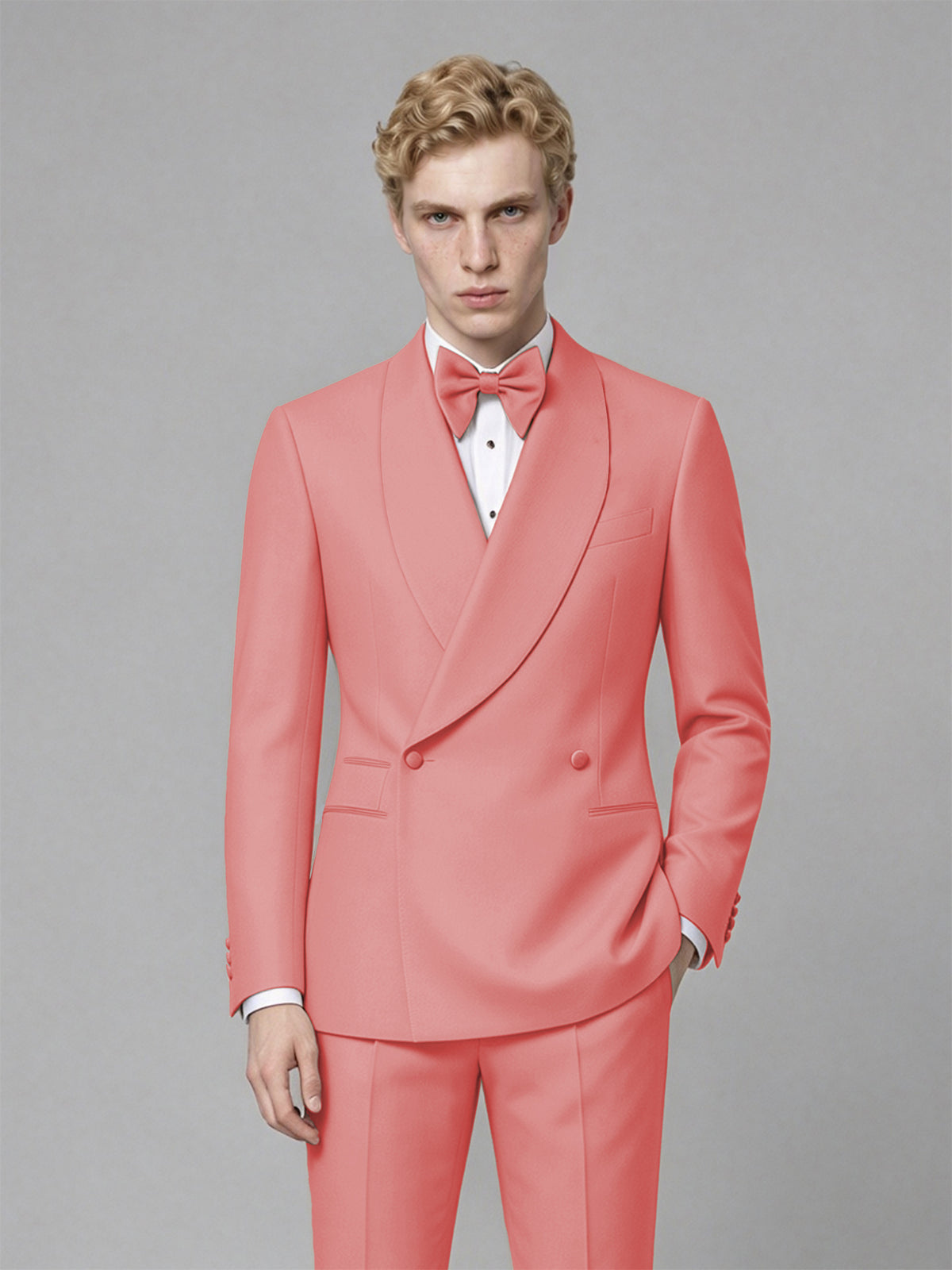 Men's Coral Single-Button Coral Satin Shawl Lapel Tuxedo Suit Set | Blazer & Trousers - Coral
