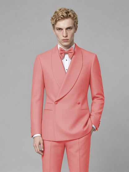 Men's Coral Single-Button Coral Satin Shawl Lapel Tuxedo Suit Set | Blazer & Trousers - Coral