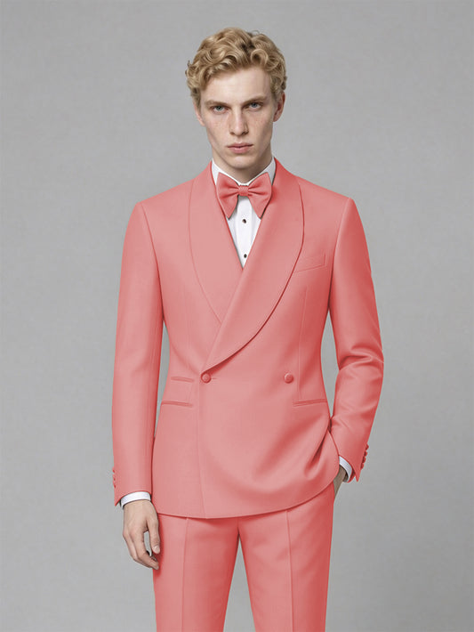 Men's Coral Single-Button Coral Satin Shawl Lapel Tuxedo Suit Set | Blazer & Trousers - Coral