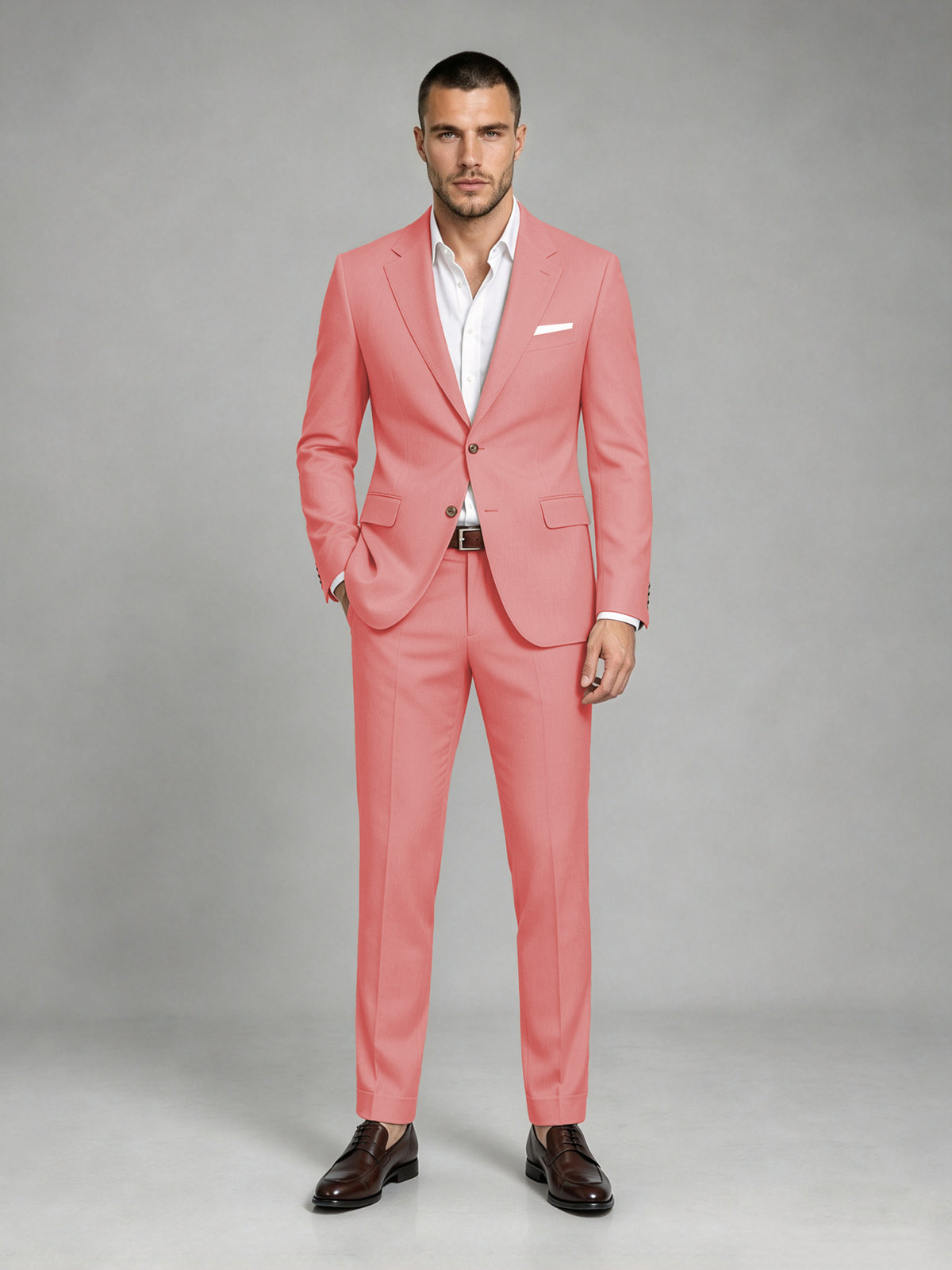 Savile Men's Dark Coral Wool-Blend 2-Piece Suit Set – Two-Button Notch Lapel Slim-Fit Blazer & Turn-Up Trousers - Coral