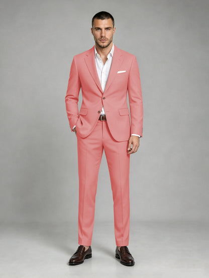 Savile Men's Dark Coral Wool-Blend 2-Piece Suit Set – Two-Button Notch Lapel Slim-Fit Blazer & Turn-Up Trousers - Coral