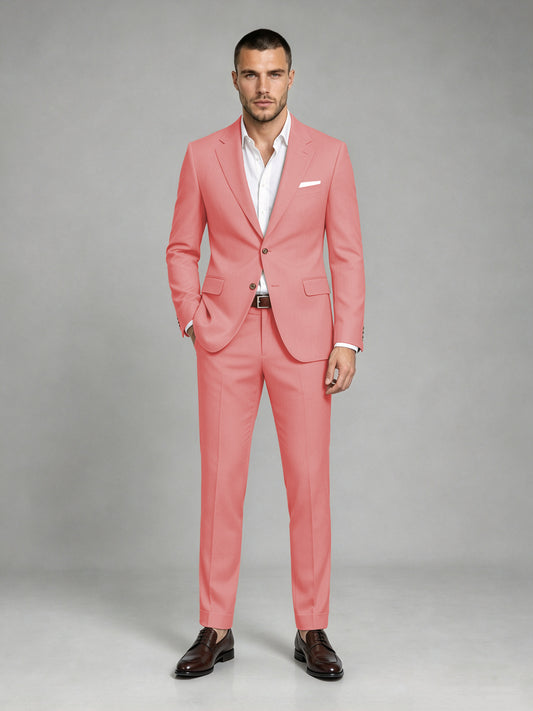 Savile Men's Dark Coral Wool-Blend 2-Piece Suit Set – Two-Button Notch Lapel Slim-Fit Blazer & Turn-Up Trousers - Coral
