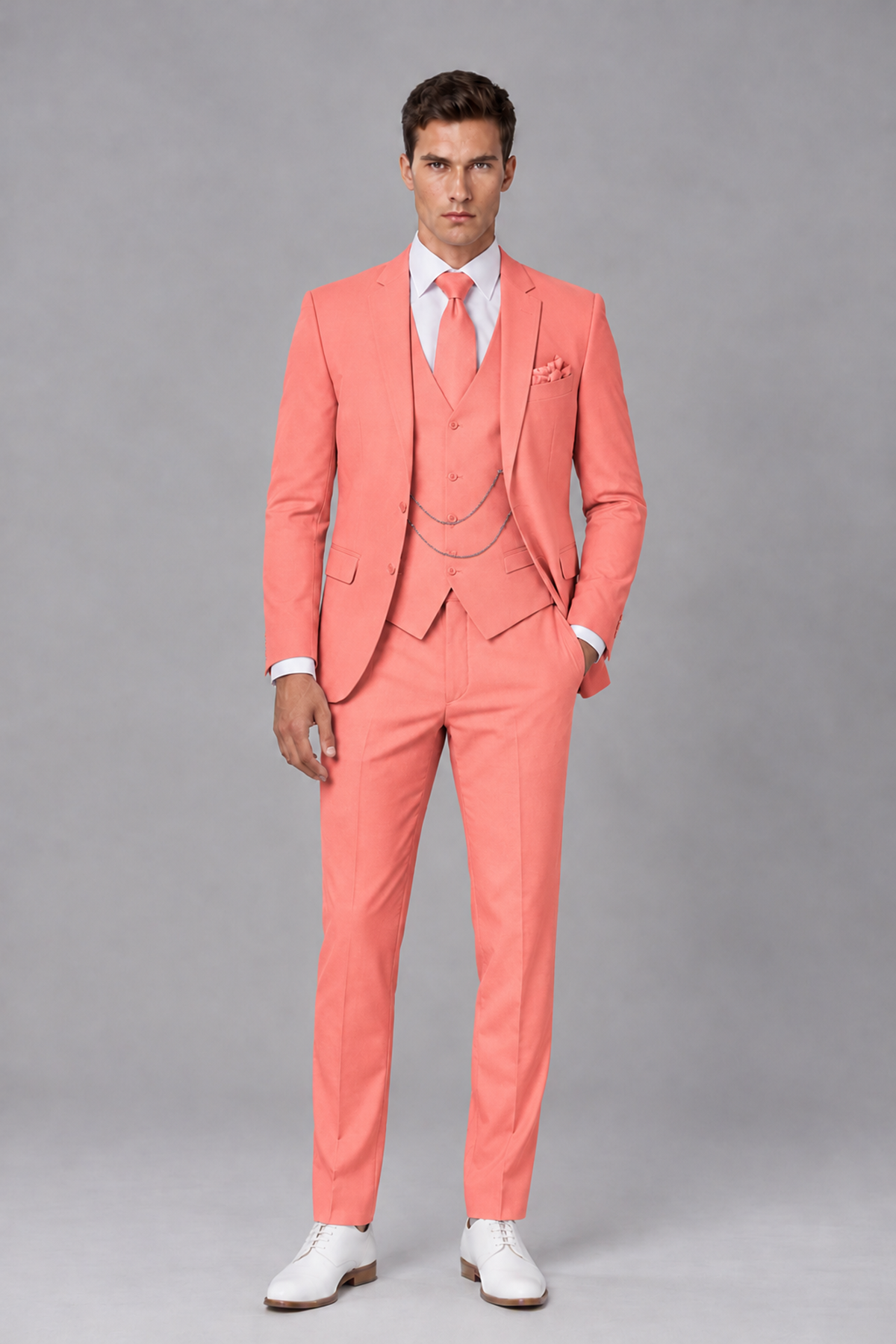 Savile Coral 3-Piece Suit with Notch Lapel & Chain Vest - Coral