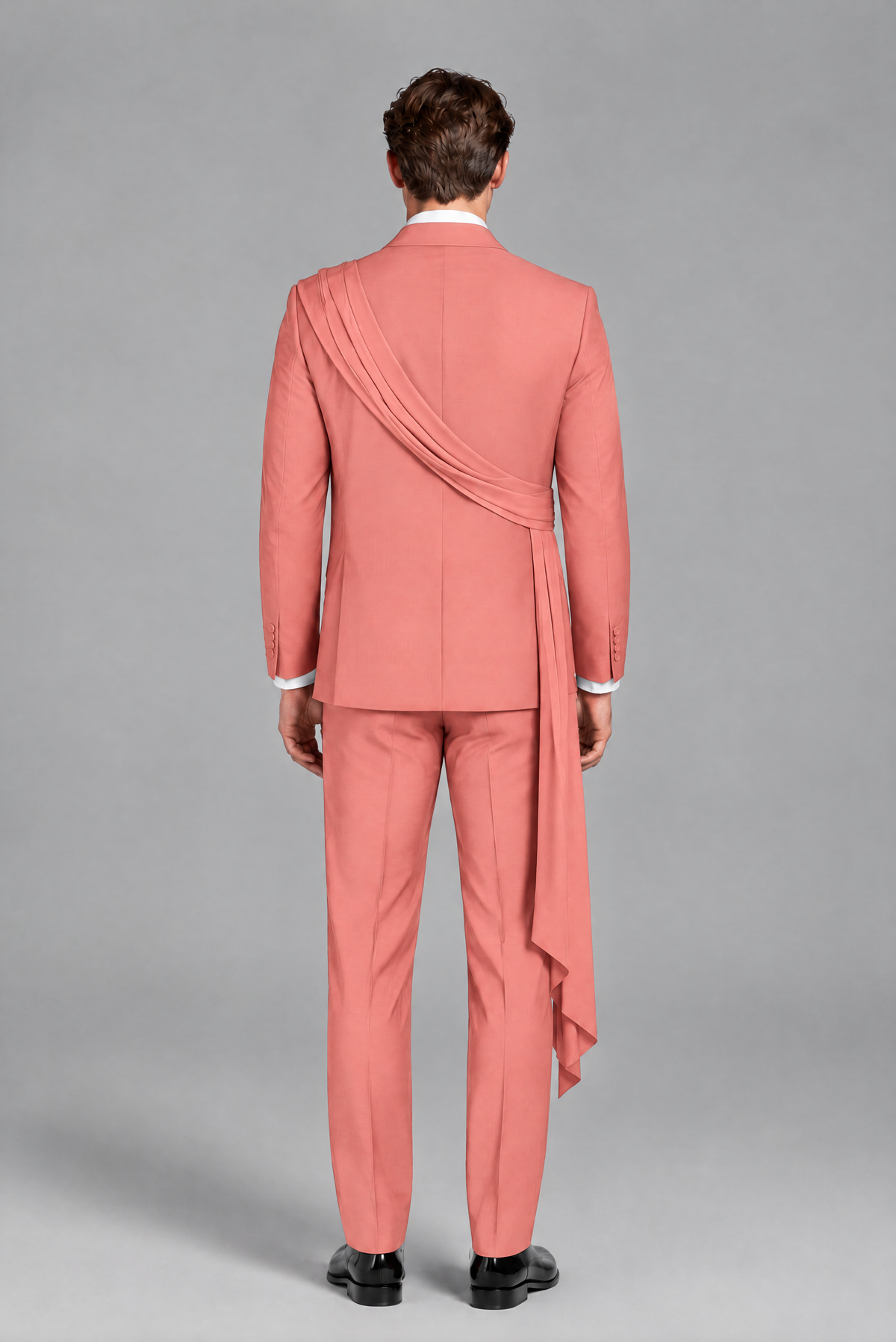 Men's Coral Draped Sash Suit – Peak Lapel 2-Piece Slim Fit Party, Gala & Wedding Set - Coral