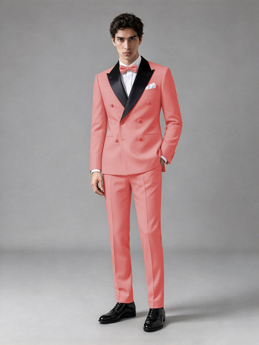 Men's Coral Double-Breasted Satin Peak Lapel Tuxedo Suit Set (Jacket + Trousers) - Coral
