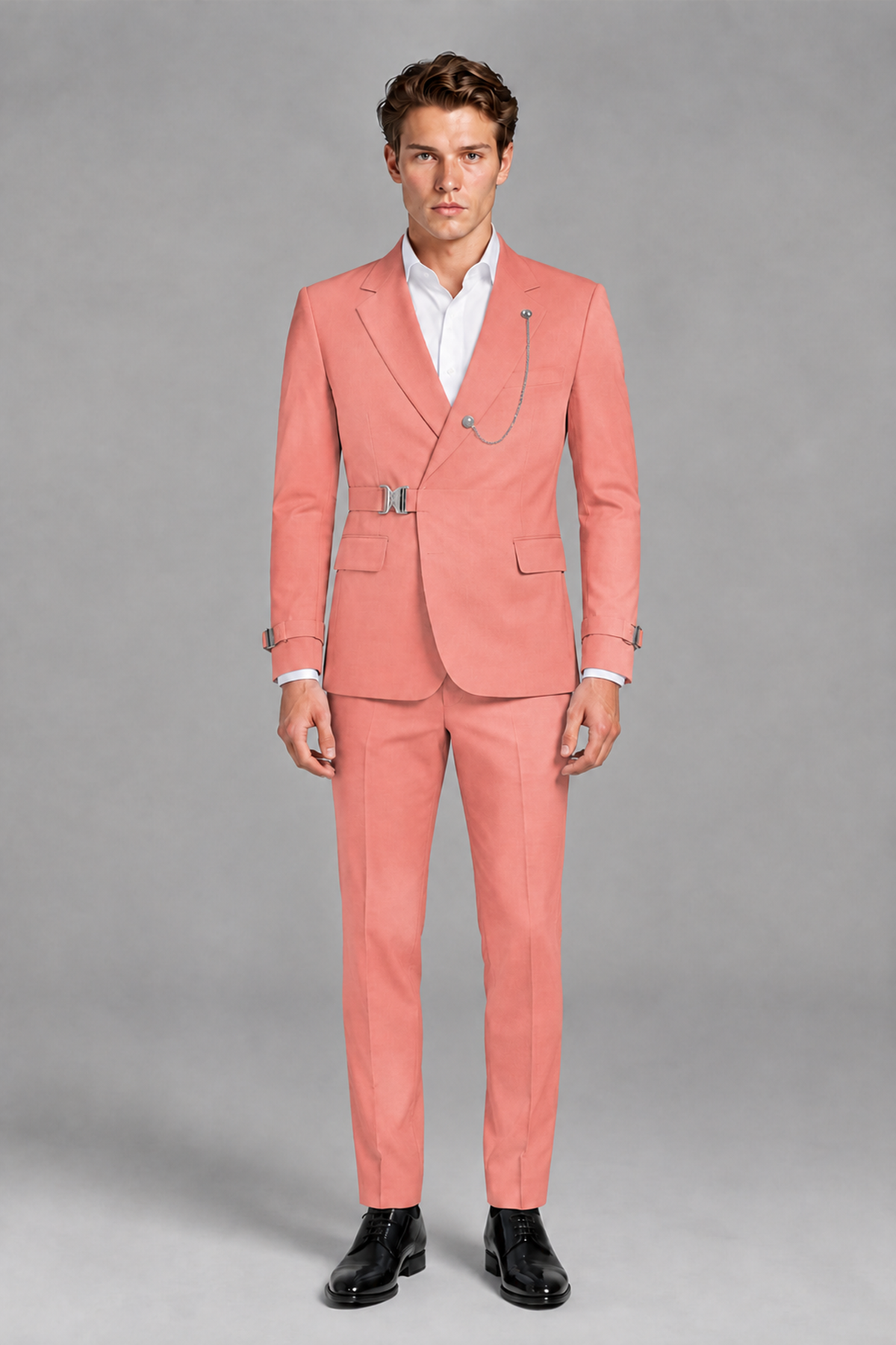 Savile Men's Coral Buckle-Closure 2-Piece Suit Set | Peak Lapel Blazer & Trousers - Coral