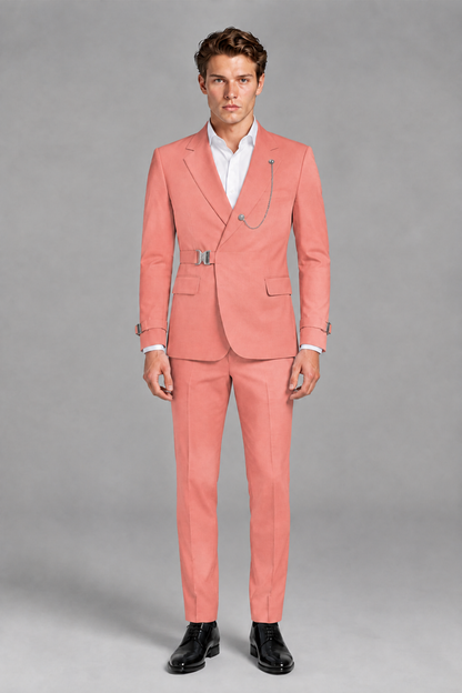 Savile Men's Coral Buckle-Closure 2-Piece Suit Set | Peak Lapel Blazer & Trousers - Coral