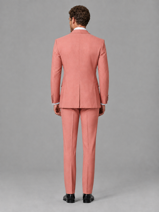 Savile Men's Coral Velvet Shawl Lapel Tuxedo Suit – Modern Side-Buckle Dinner Jacket & Trousers 2-Piece Set - Coral
