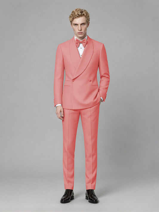 Men's Coral Single-Button Coral Satin Shawl Lapel Tuxedo Suit Set | Blazer & Trousers - Coral