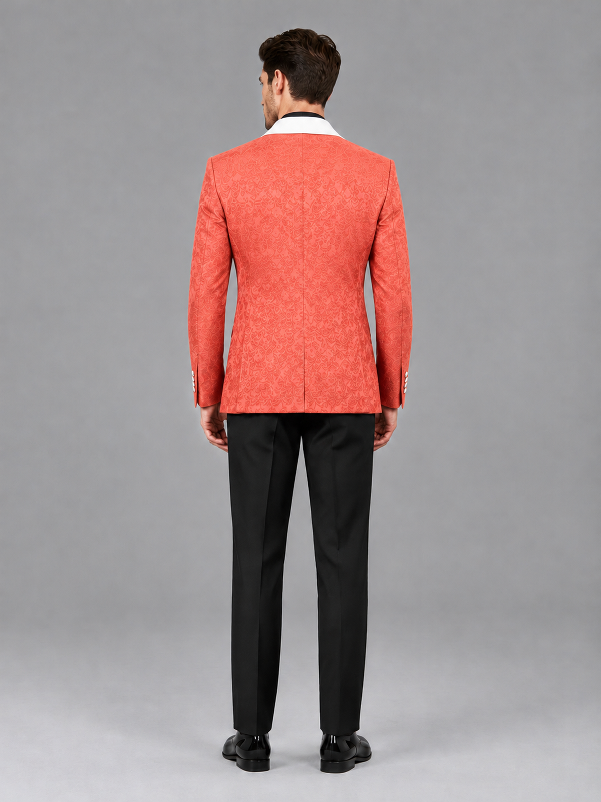 Savile Men's Coral Jacquard White Shawl Lapel 2-Piece Tuxedo Suit Set | Jacket & Trousers - Coral - Coral (2)