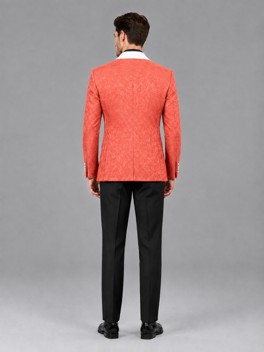 Savile Men's Coral Jacquard White Shawl Lapel 2-Piece Tuxedo Suit Set | Jacket & Trousers - Coral - Coral (2)