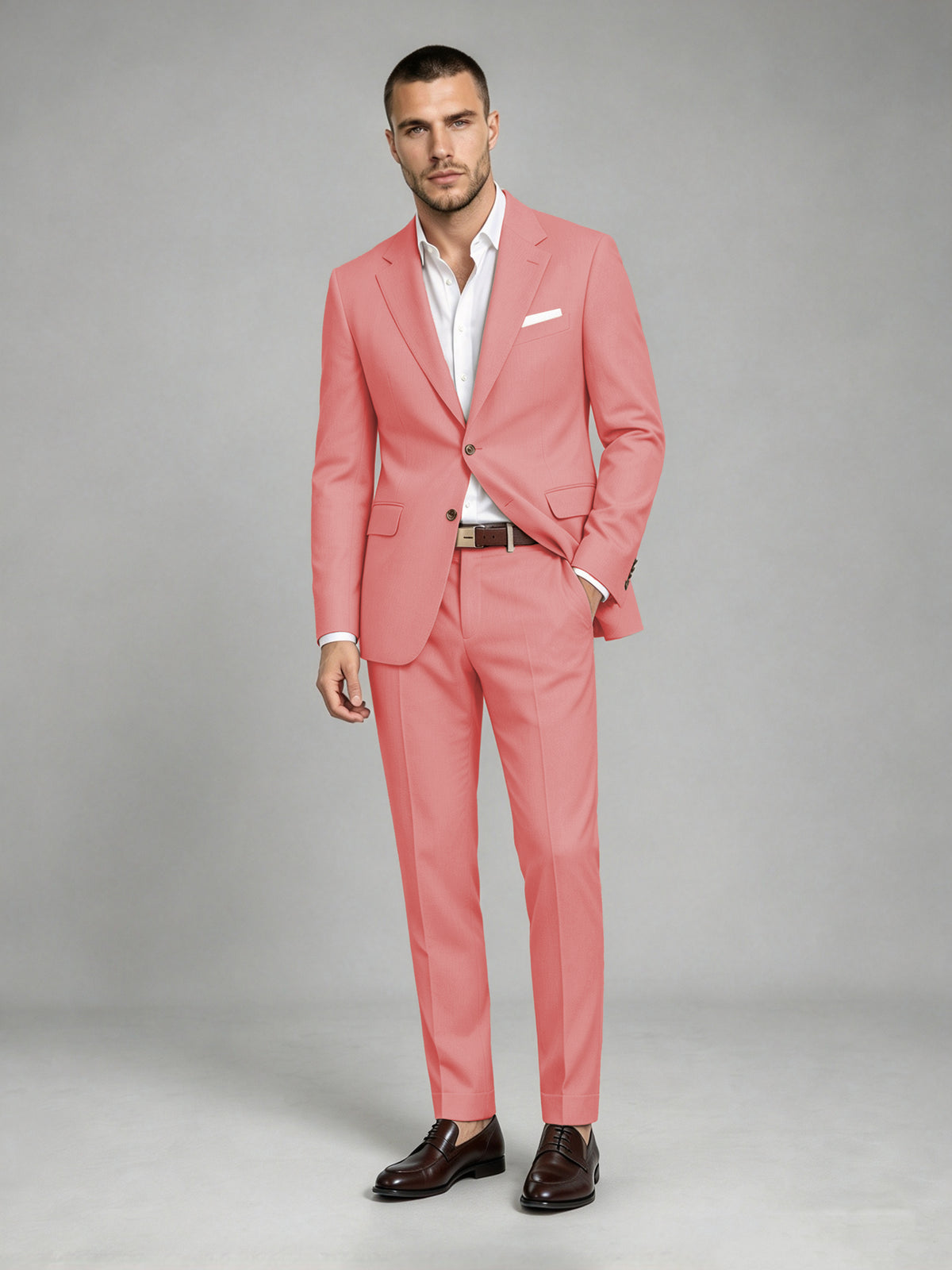 Savile Men's Dark Coral Wool-Blend 2-Piece Suit Set – Two-Button Notch Lapel Slim-Fit Blazer & Turn-Up Trousers - Coral