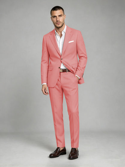 Savile Men's Dark Coral Wool-Blend 2-Piece Suit Set – Two-Button Notch Lapel Slim-Fit Blazer & Turn-Up Trousers - Coral