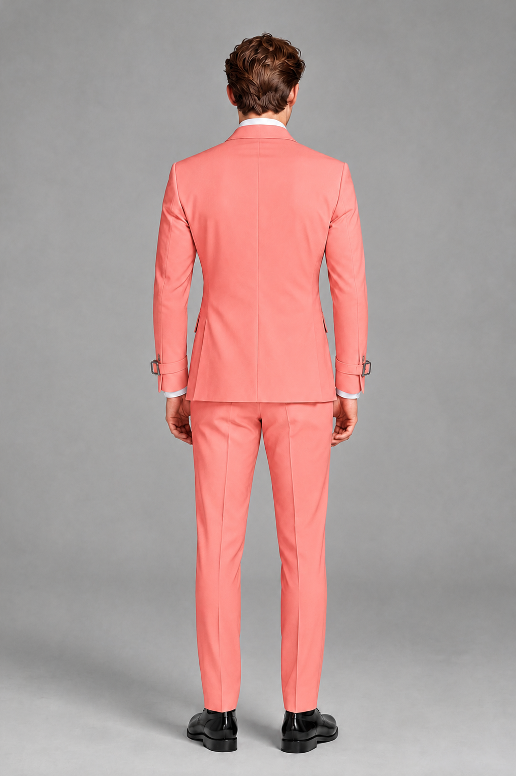 Savile Men's Coral Buckle-Closure 2-Piece Suit Set | Peak Lapel Blazer & Trousers - Coral