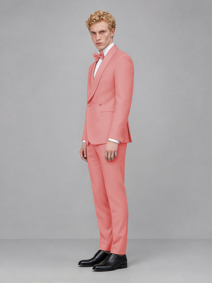 Men's Coral Single-Button Coral Satin Shawl Lapel Tuxedo Suit Set | Blazer & Trousers - Coral