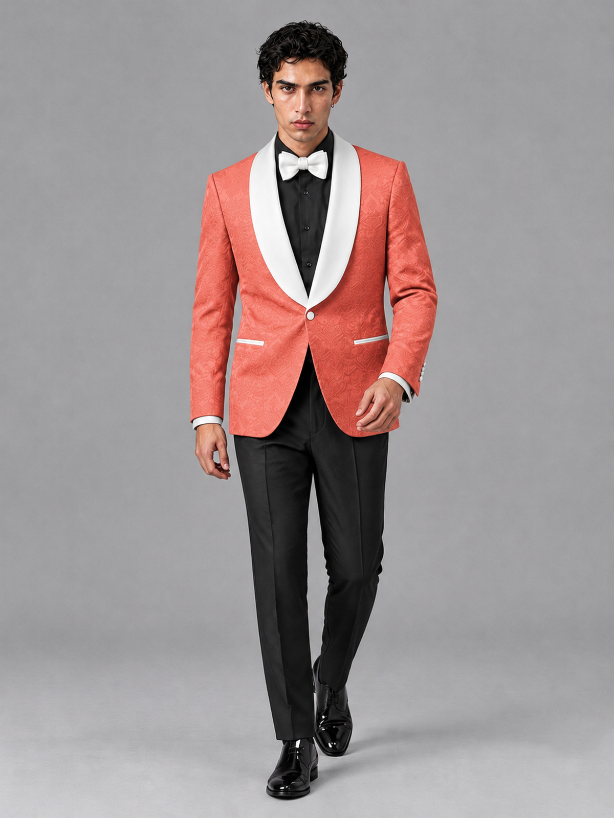 Savile Men's Coral Jacquard White Shawl Lapel 2-Piece Tuxedo Suit Set | Jacket & Trousers - Coral - Coral (3)