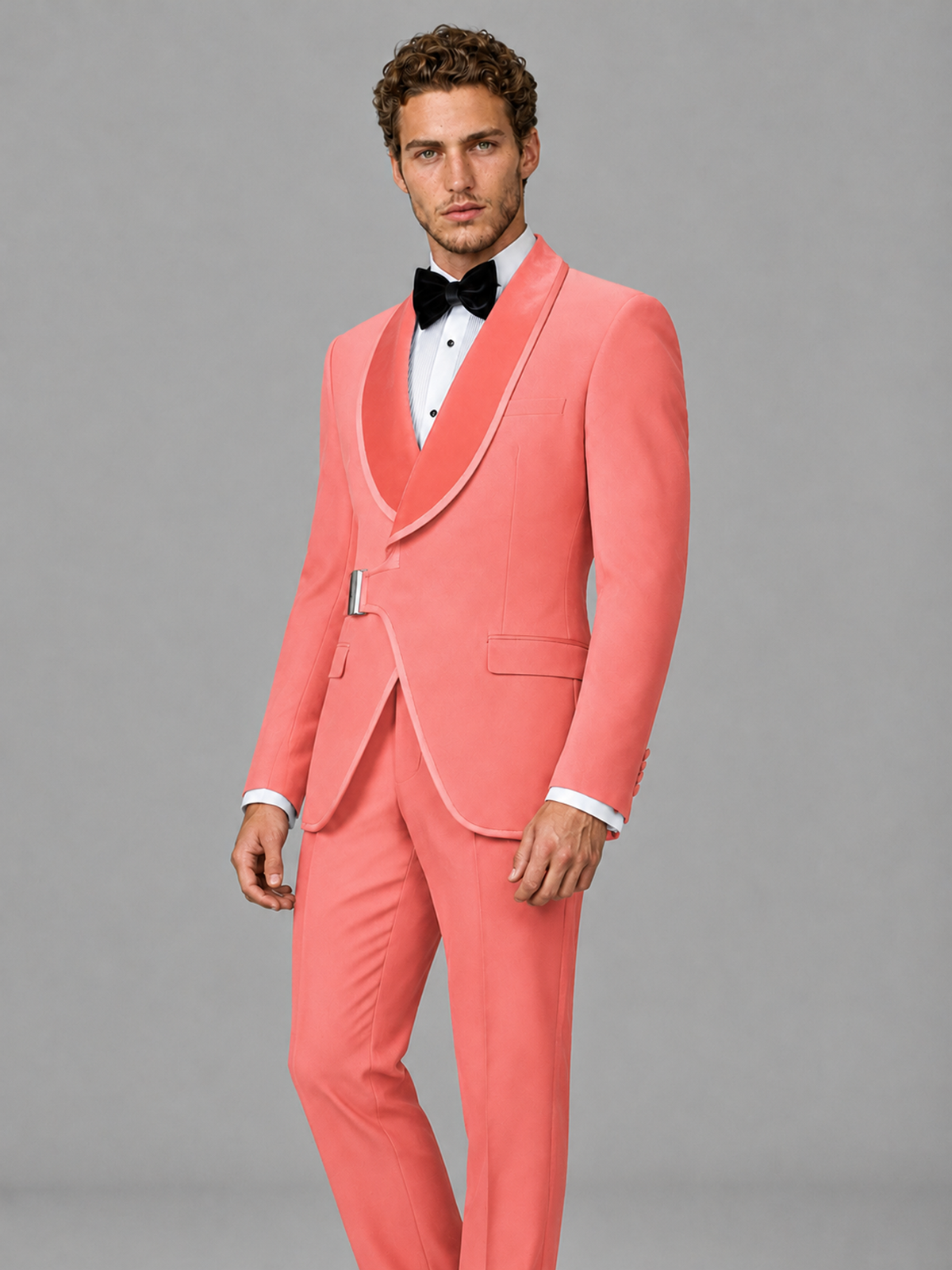 Savile Men's Coral Velvet Shawl Lapel Tuxedo Suit – Modern Side-Buckle Dinner Jacket & Trousers 2-Piece Set - Coral