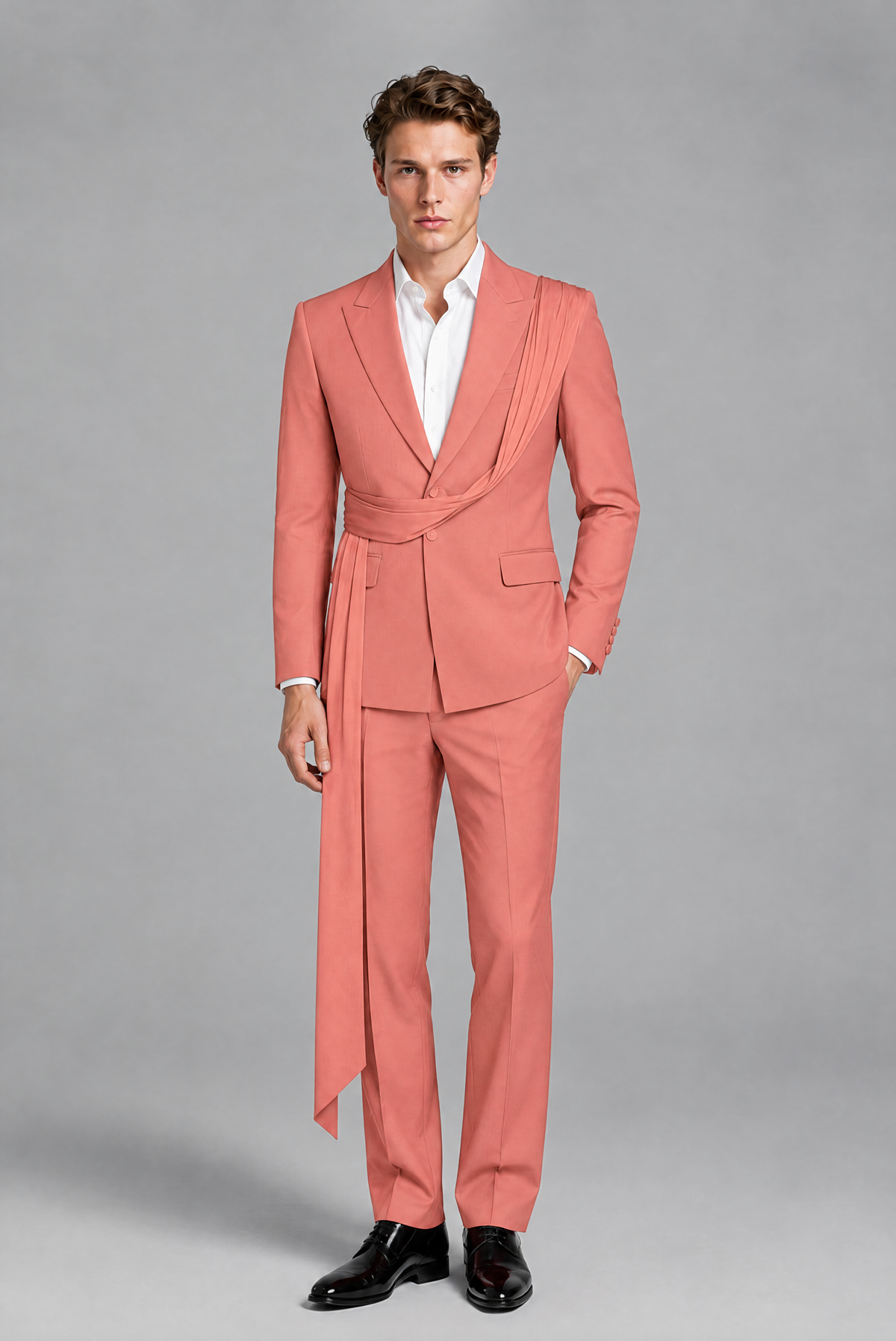 Men's Coral Draped Sash Suit – Peak Lapel 2-Piece Slim Fit Party, Gala & Wedding Set - Coral