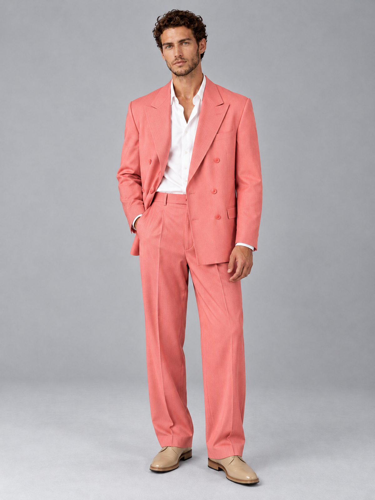 Savile Coral Beige Double-Breasted 2-Piece Suit with Peak Lapel - Coral