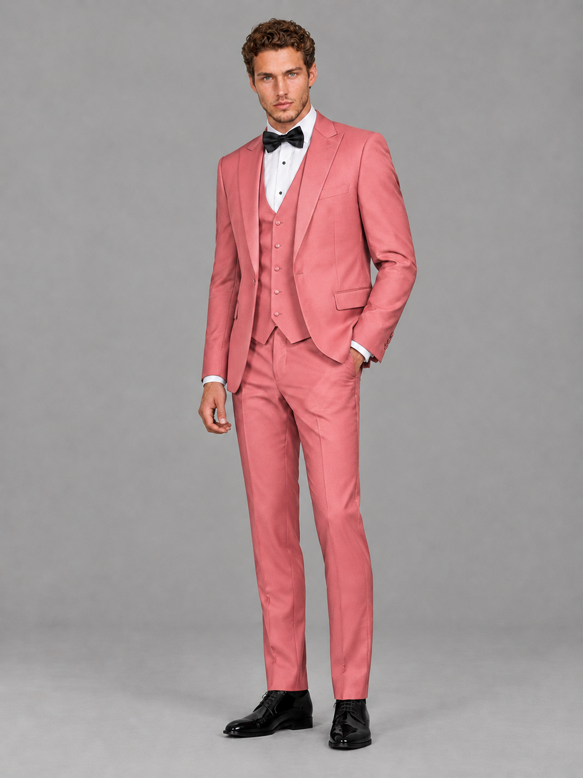 Savile Men's Coral Peak Lapel 3-Piece Tuxedo Suit | Jacket, Vest & Trousers - Coral