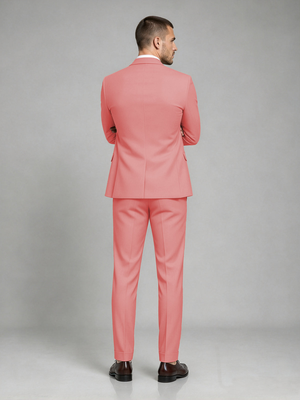 Savile Men's Dark Coral Wool-Blend 2-Piece Suit Set – Two-Button Notch Lapel Slim-Fit Blazer & Turn-Up Trousers - Coral