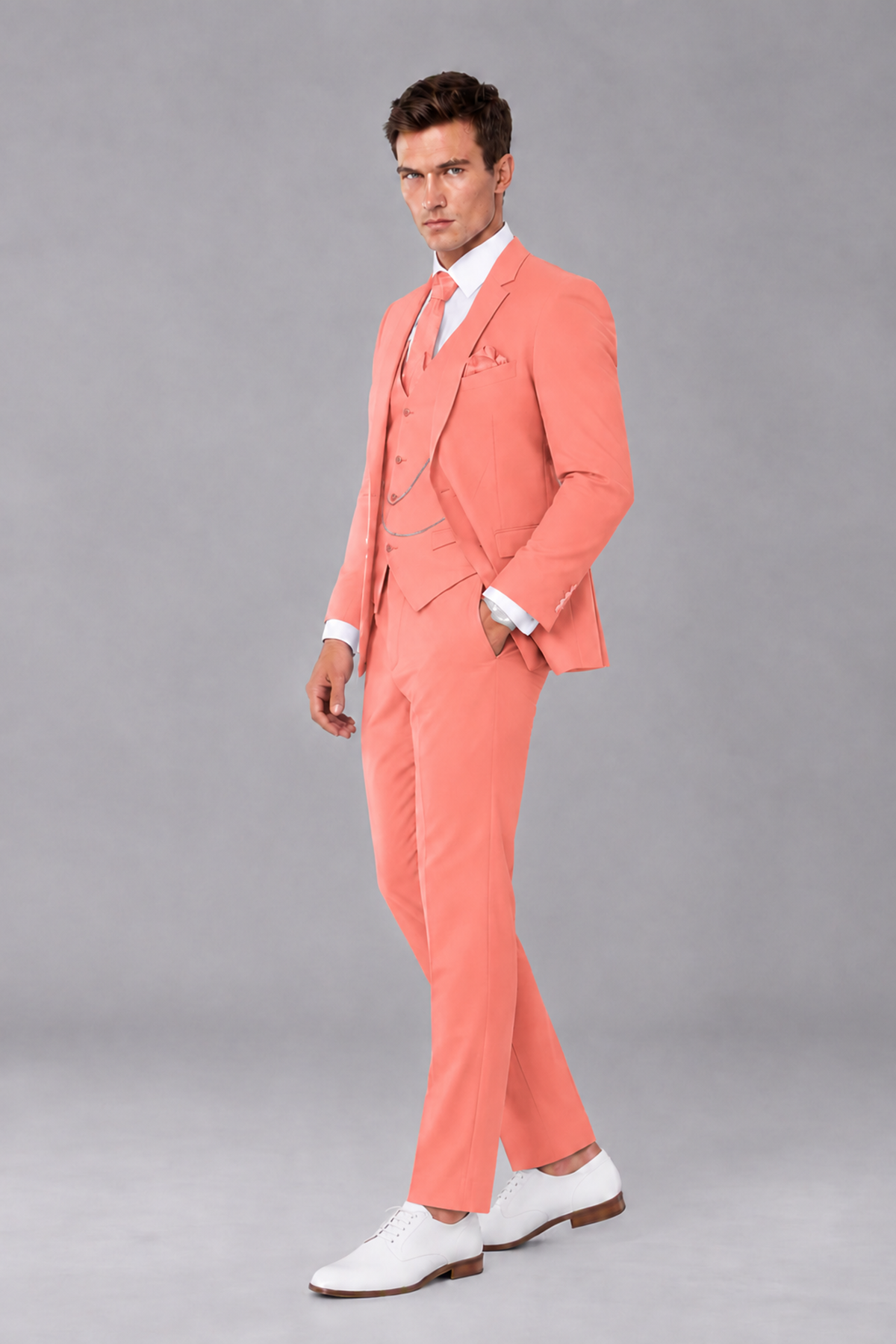Savile Coral 3-Piece Suit with Notch Lapel & Chain Vest - Coral