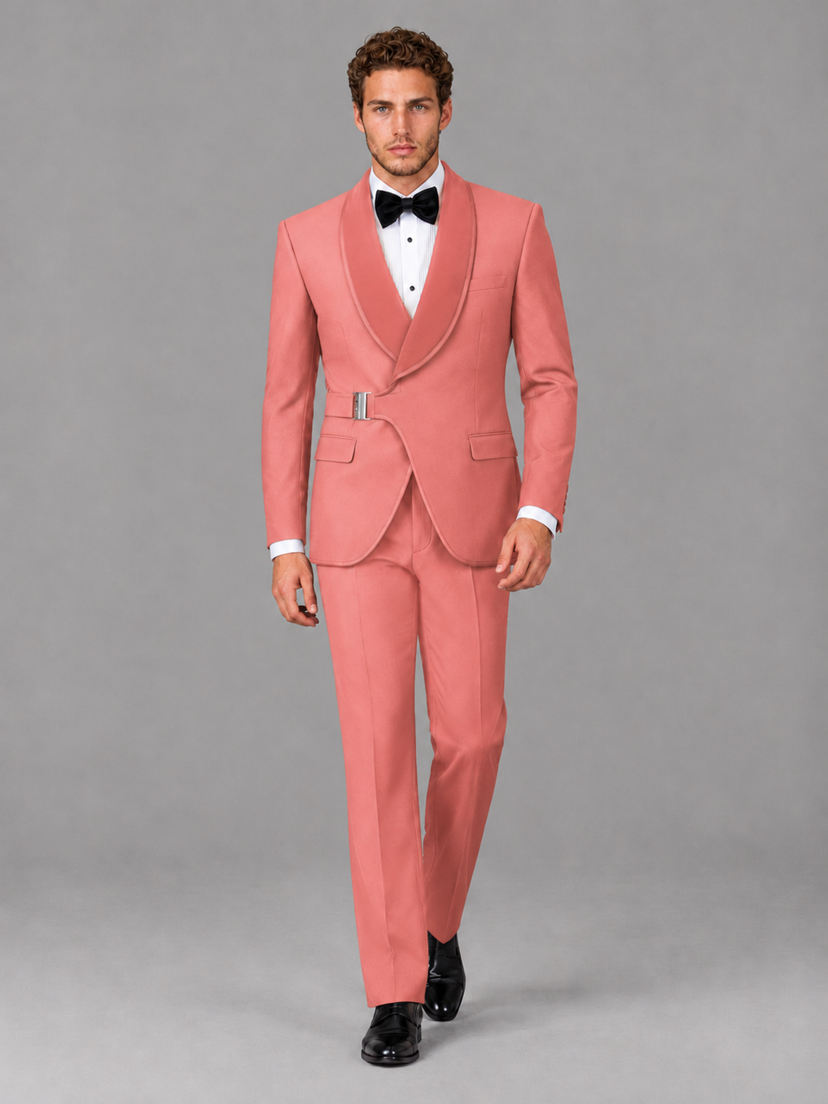 Savile Men's Coral Velvet Shawl Lapel Tuxedo Suit – Modern Side-Buckle Dinner Jacket & Trousers 2-Piece Set - Coral