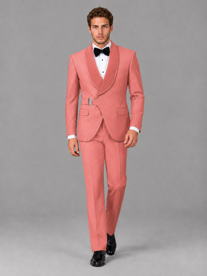Savile Men's Coral Velvet Shawl Lapel Tuxedo Suit – Modern Side-Buckle Dinner Jacket & Trousers 2-Piece Set - Coral