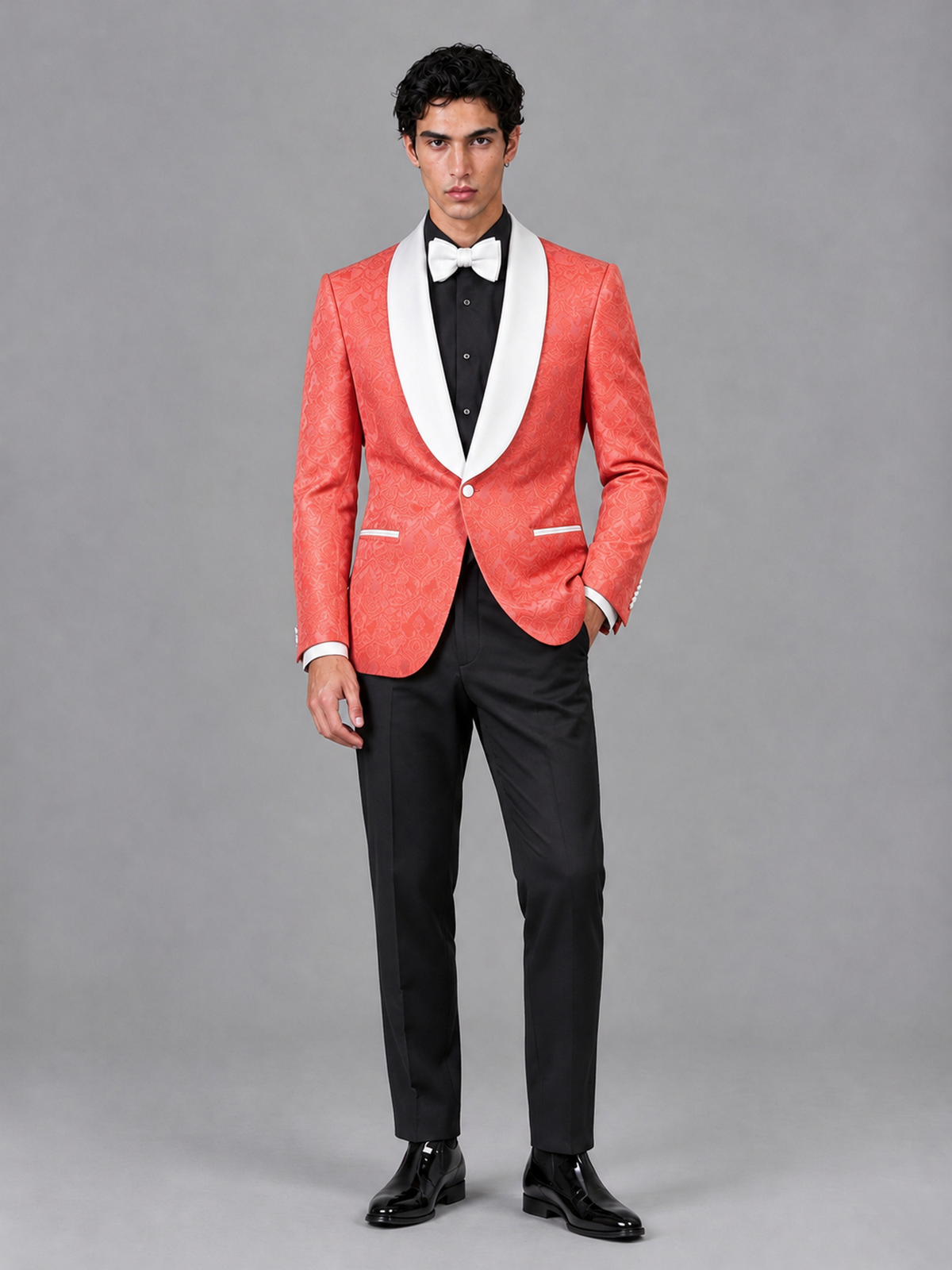 Savile Men's Coral Jacquard White Shawl Lapel 2-Piece Tuxedo Suit Set | Jacket & Trousers - Coral - Coral (4)