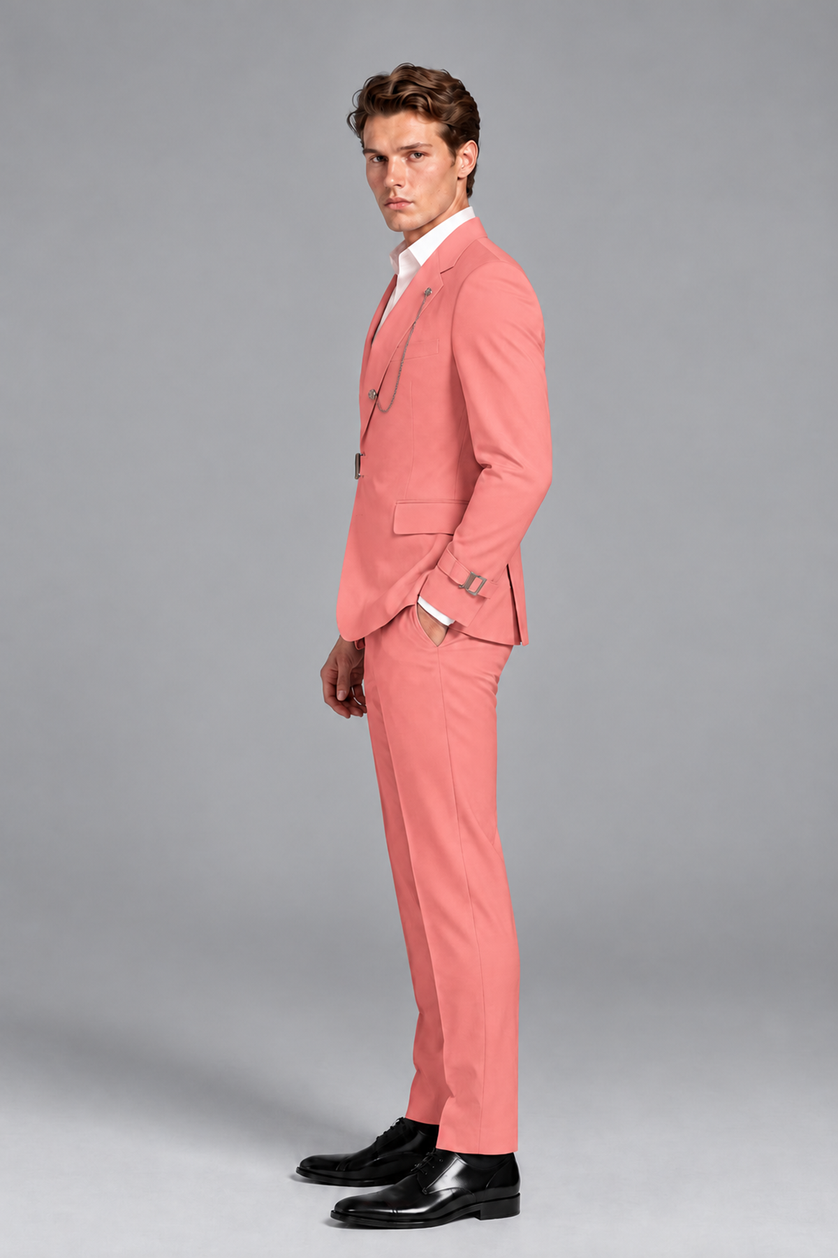 Savile Men's Coral Buckle-Closure 2-Piece Suit Set | Peak Lapel Blazer & Trousers - Coral