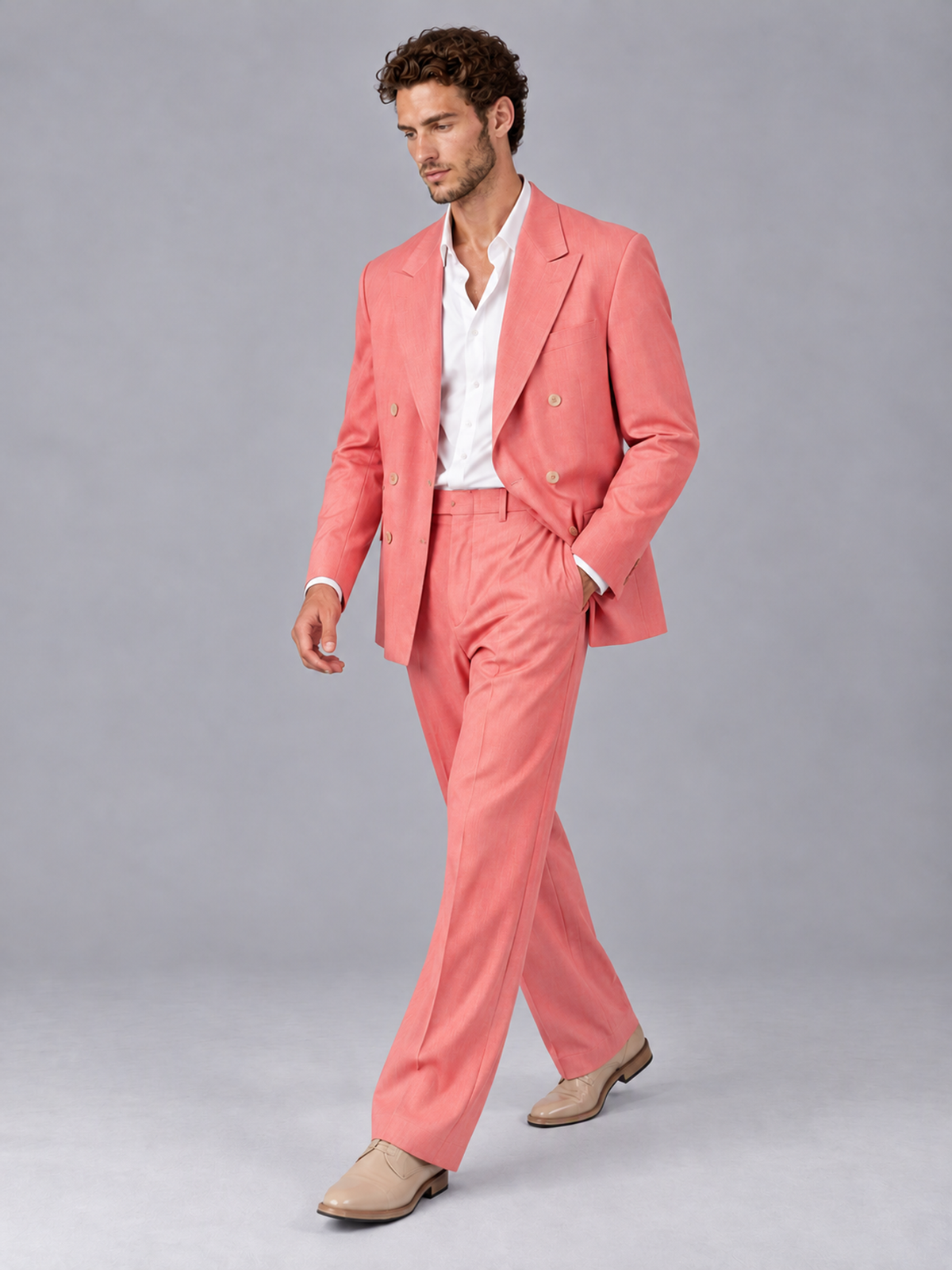 Savile Coral Beige Double-Breasted 2-Piece Suit with Peak Lapel - Coral