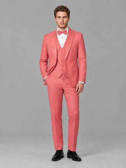 Savile Men's Coral Peak Lapel 3-Piece Tuxedo Suit | Jacket, Vest & Trousers - Coral