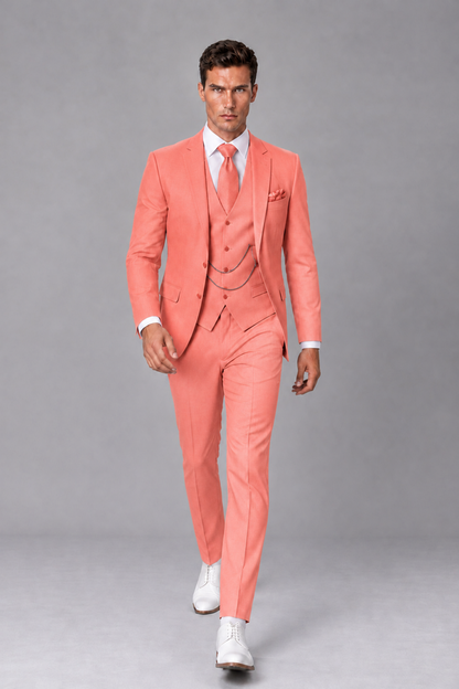 Savile Coral 3-Piece Suit with Notch Lapel & Chain Vest - Coral