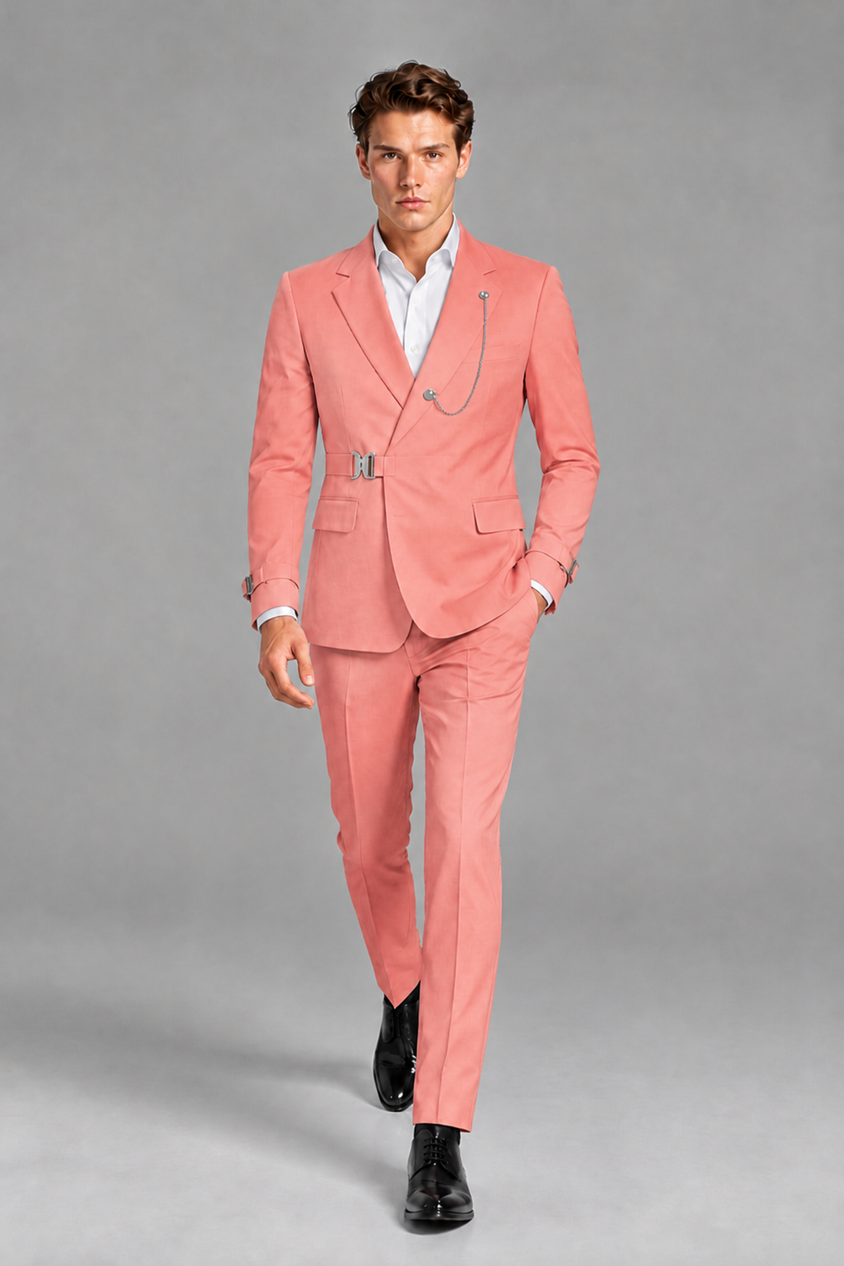 Savile Men's Coral Buckle-Closure 2-Piece Suit Set | Peak Lapel Blazer & Trousers - Coral
