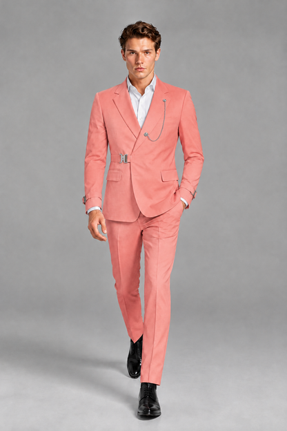 Savile Men's Coral Buckle-Closure 2-Piece Suit Set | Peak Lapel Blazer & Trousers - Coral