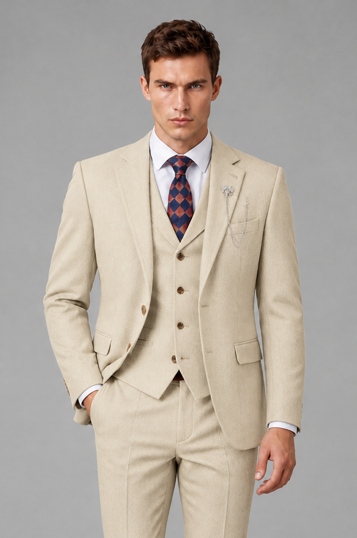 Savile Men's Grey Notch Lapel 3-Piece Suit Set | Jacket, Vest & Trousers - Cream - Cream