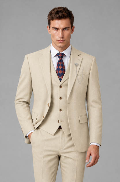 Savile Men's Grey Notch Lapel 3-Piece Suit Set | Jacket, Vest & Trousers - Cream - Cream