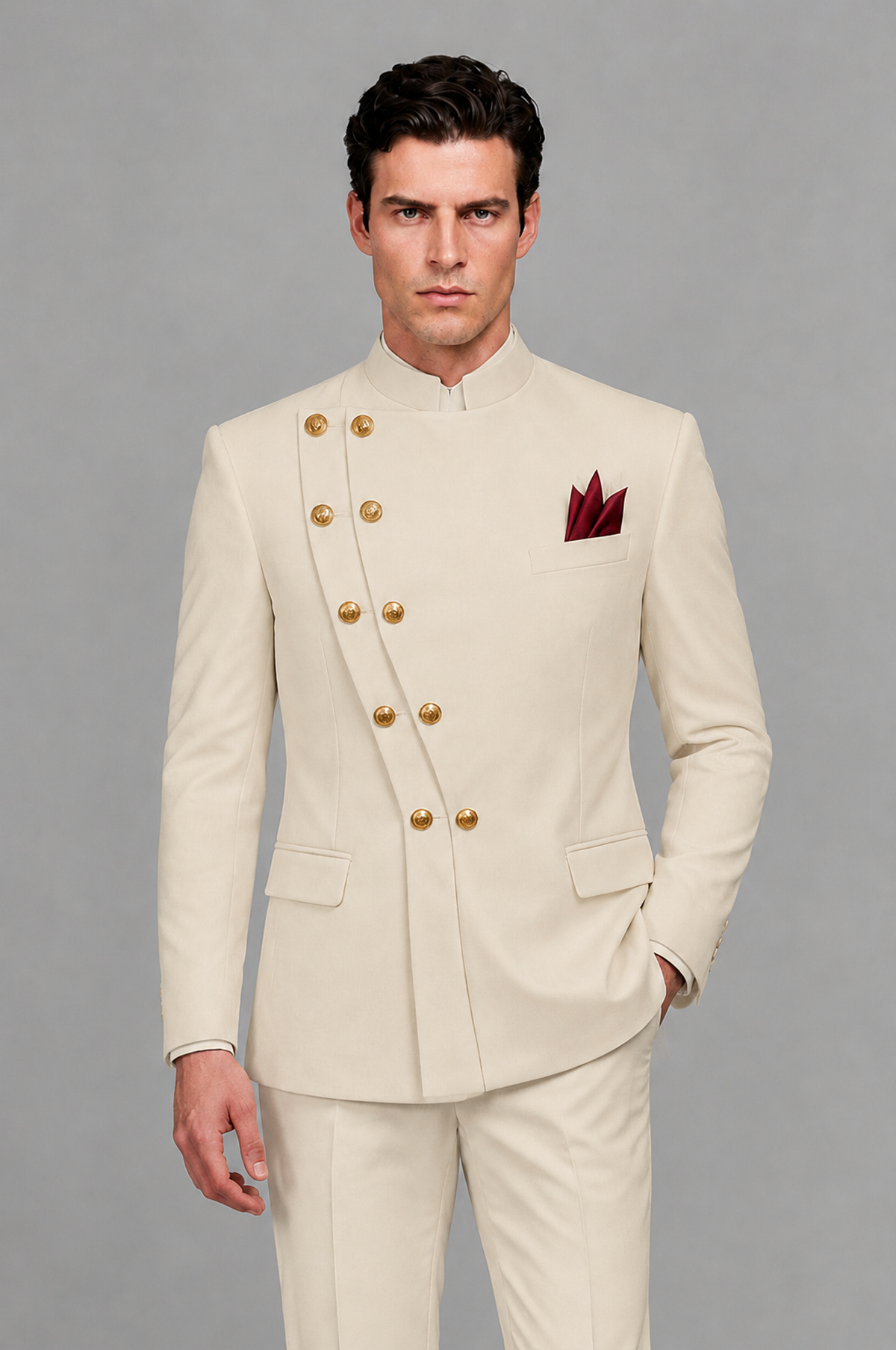 BOLODOO Men's Cream Asymmetrical Mandarin Collar Tuxedo Suit – Modern 2-Piece Gold Button Wedding, Prom & Gala Set - Cream - Cream_01
