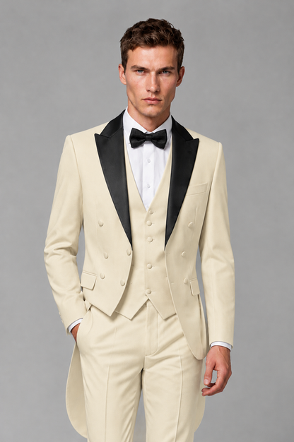 Savile Cream 3-Piece Tailcoat Tuxedo Suit with Black Peak Lapel - Cream - Cream_01
