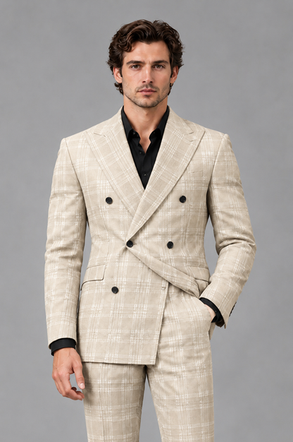 Savile Men's Rust Plaid 2-Piece Double-Breasted Suit – Peak Lapel Slim-Fit Jacket & Trousers Set - Cream - Cream